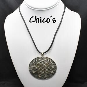 Chico’s Silver Tone Embossed Pendant Necklace Black Leather Cord Boho Jewelry